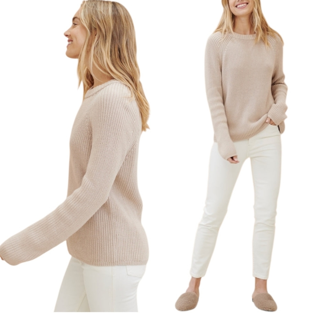 JENNI KAYNE Cotton Fisherman Sweater Oatmeal Beige Tan Knit Grandpa Grandma Med.